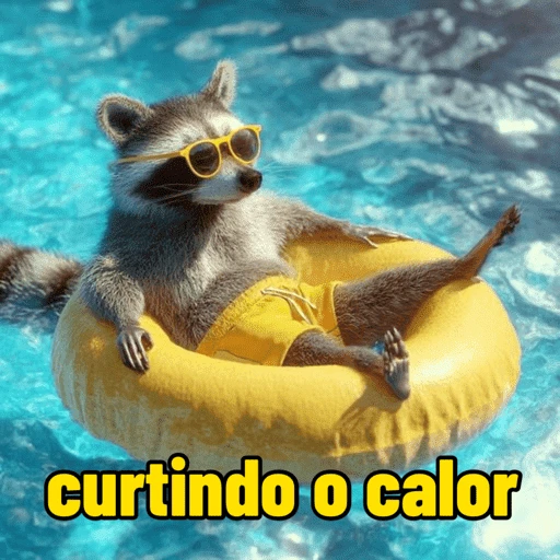 Figurinha: Guaxinim curtindo o calor na piscina