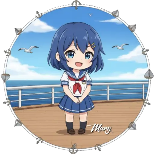 Figurinha: Menina de uniforme escolar no navio
