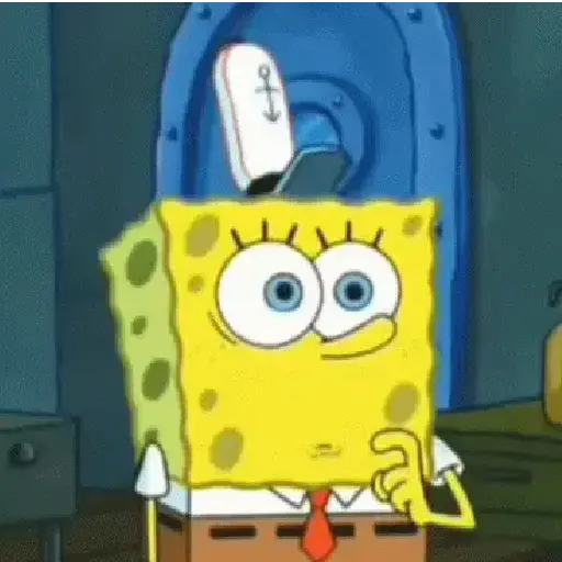 Figurinha: Bob Esponja pensativo e sorrindo