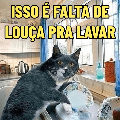 Figurinha: Gato lavando louça