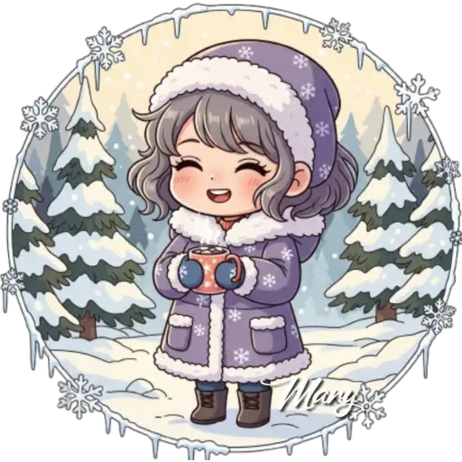 Figurinha: Menina no Inverno com Chocolate Quente
