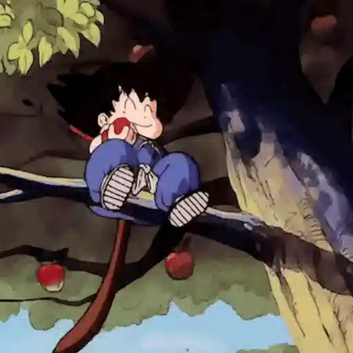Figurinha: Goku na árvore comendo maçã