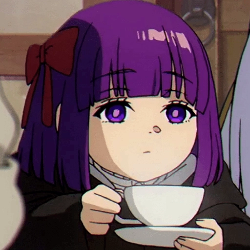 Figurinha: Menina de Cabelo Roxo Tomando Chá