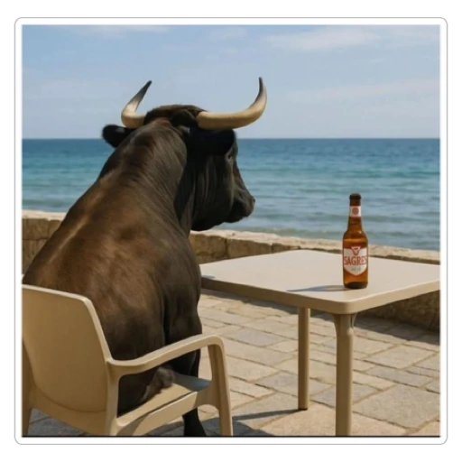 Figurinha: Touro na praia bebendo cerveja
