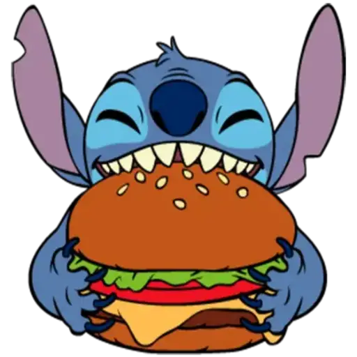 Figurinha: Stitch comendo hambúrguer
