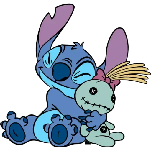 Figurinha: Stitch abraçando boneca de pano