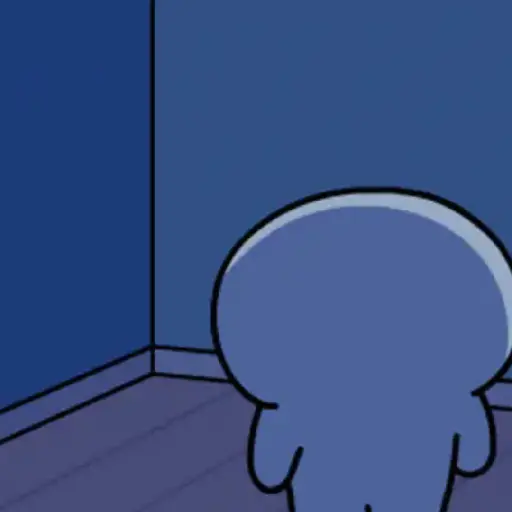 Figurinha: Personagem azul se encolhendo e sorrindo