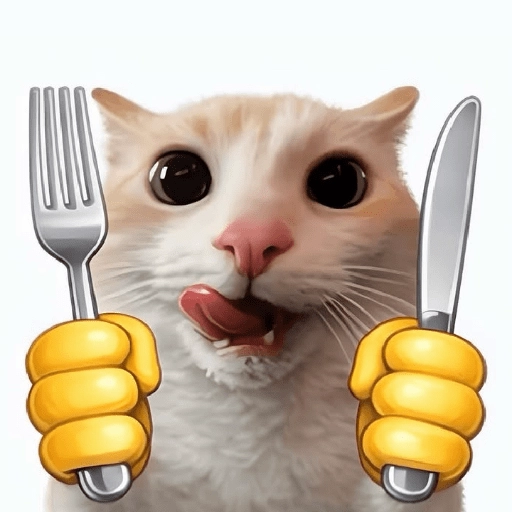Figurinha: Gato faminto pronto para comer