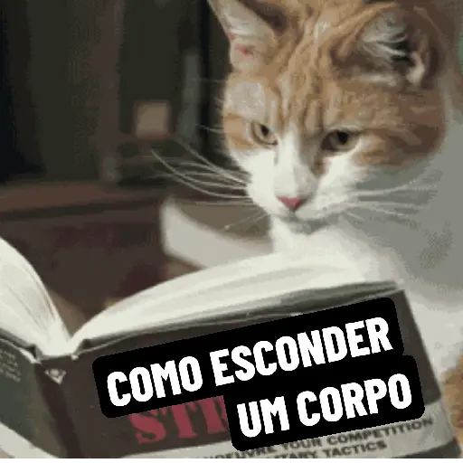 Figurinha: Gato lendo "Como Esconder um Corpo"