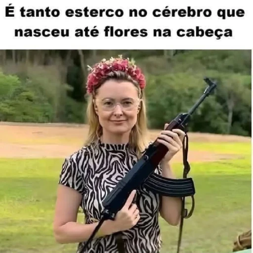 Figurinha: Mulher com flores e fuzil