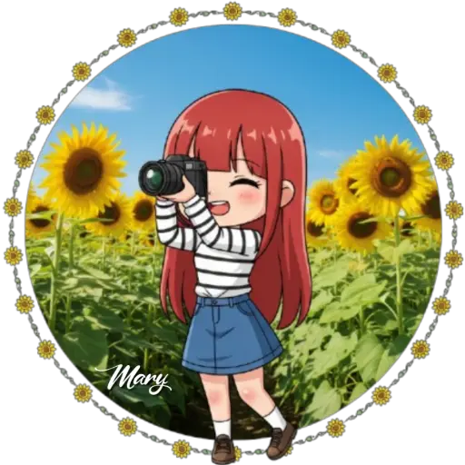 Figurinha: Menina fotógrafa em campo de girassóis