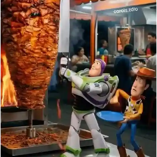 Figurinha: Buzz e Woody cortando carne