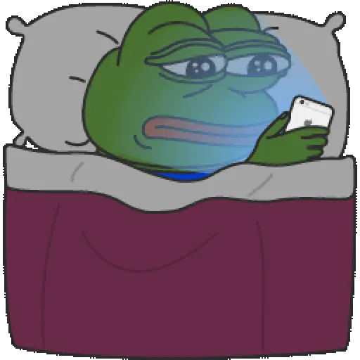 Figurinha: Pepe na cama olhando celular
