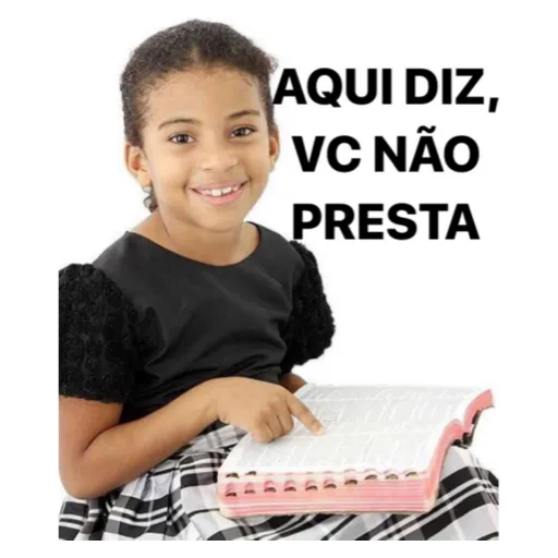 Figurinha: Menina aponta para livro "Vc não presta"