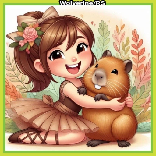 Figurinha: Menina abraçando capivara