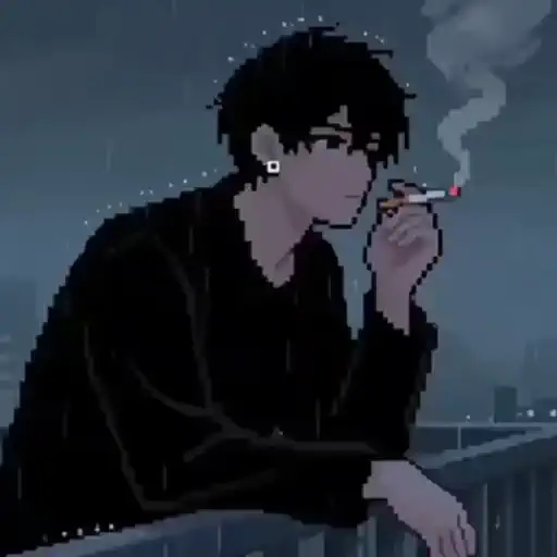Figurinha: Homem fumando na chuva