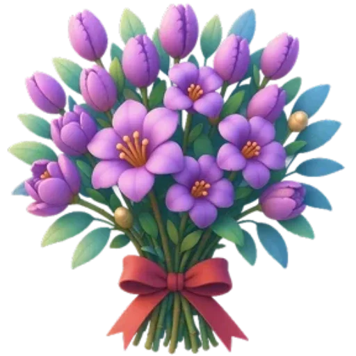 Figurinha: Buquê de Flores Roxas com Laço Vermelho