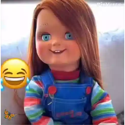 Figurinha: Chucky rindo com emoji chorando