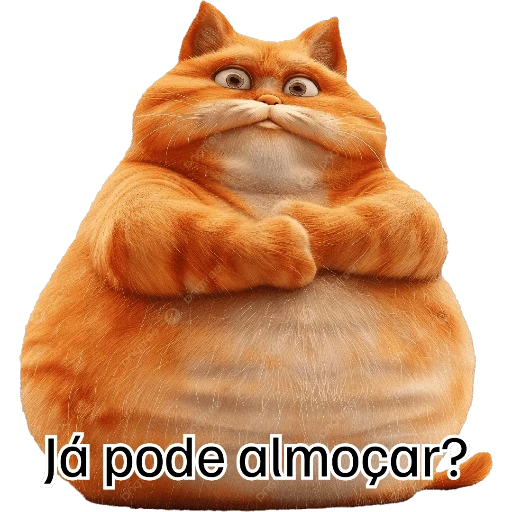 Figurinha: Gato gordinho perguntando "Já pode almoç
