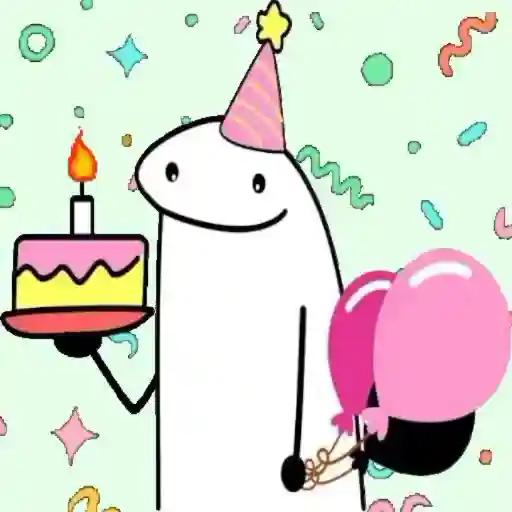 Figurinha: Flork feliz aniversário com bolo e balõe