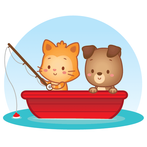 Figurinha: Gatinho e cachorrinho pescando