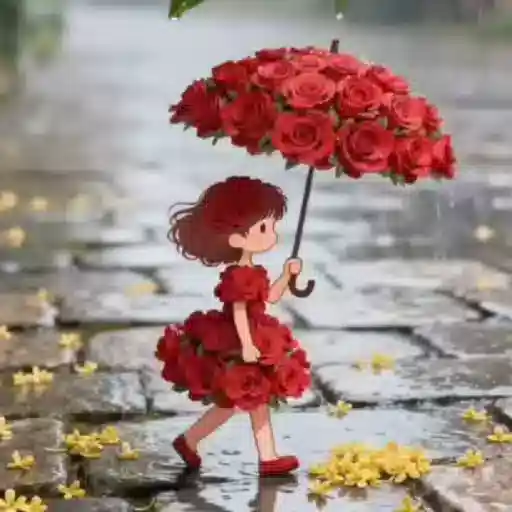Figurinha: Menina da Chuva com Guarda-Chuva de Rosa