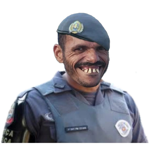 Figurinha: Policial com sorriso peculiar