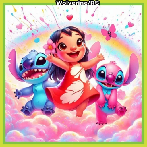 Figurinha: Lilo e Stitch em nuvens coloridas