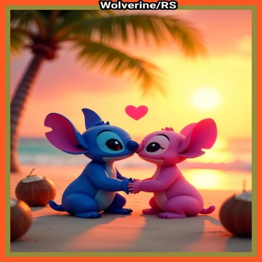 Figurinha: Stitch e Angel se beijando na praia