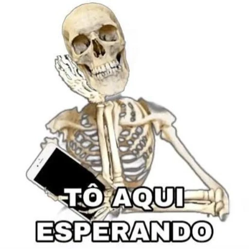 Figurinha: Esqueleto segurando celular esperando