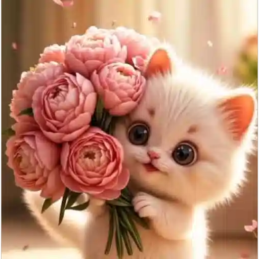 Figurinha: Gatinha fofa com buquê de flores