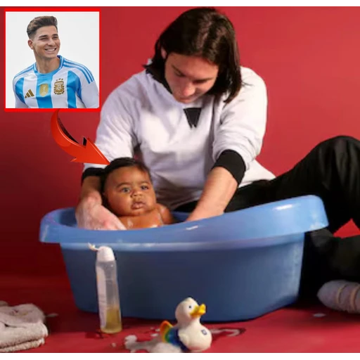 Figurinha: Messi dando banho em bebê