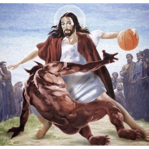 Figurinha: Jesus jogando basquete contra o demônio