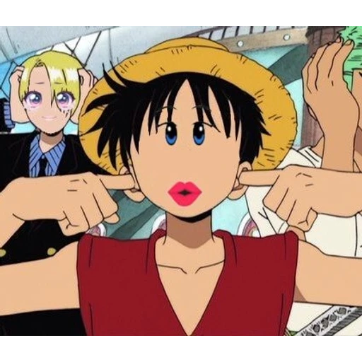 Figurinha: Luffy com batom e Sanji espantado