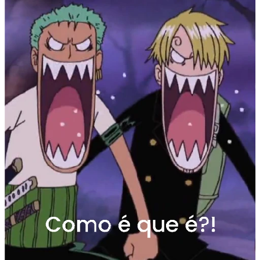 Figurinha: Zoro e Sanji gritando "Como é que é?!"