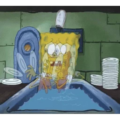 Sticker: Bob Esponja en pánico lavando platos
