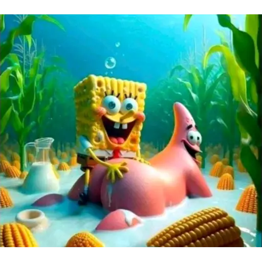 Figurinha: Bob Esponja e Patrick comendo Milho