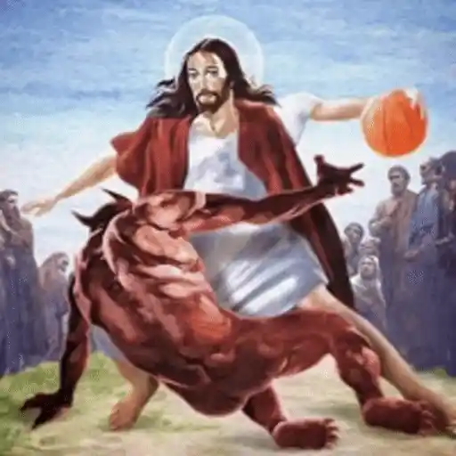 Figurinha: Jesus driblando o Diabo no Basquete