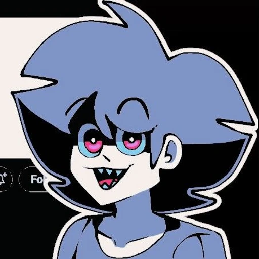 Figurinha: Personagem com cabelo azul e olhos rosa