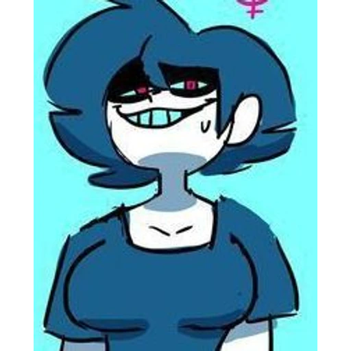 Figurinha: Personagem com cabelo azul e sorriso