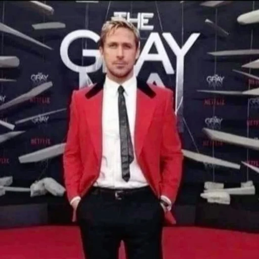Figurinha: Ryan Gosling de terno vermelho